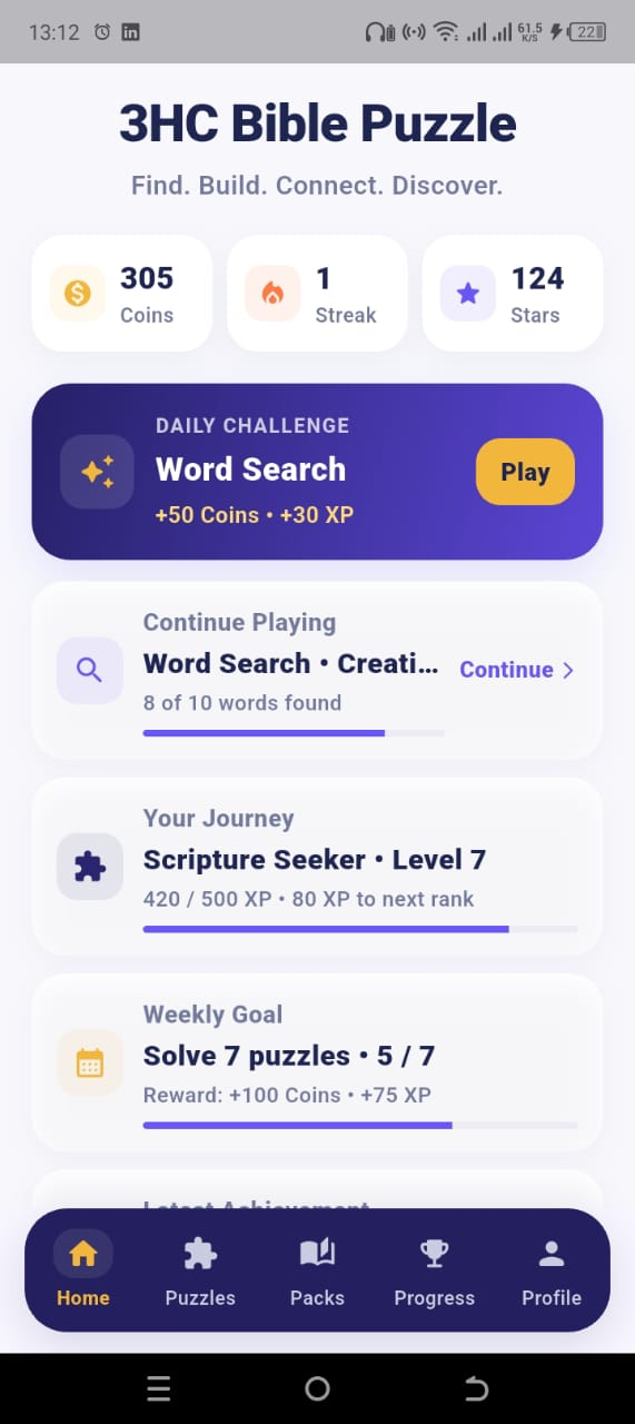 3HC Bible Puzzle Home screen