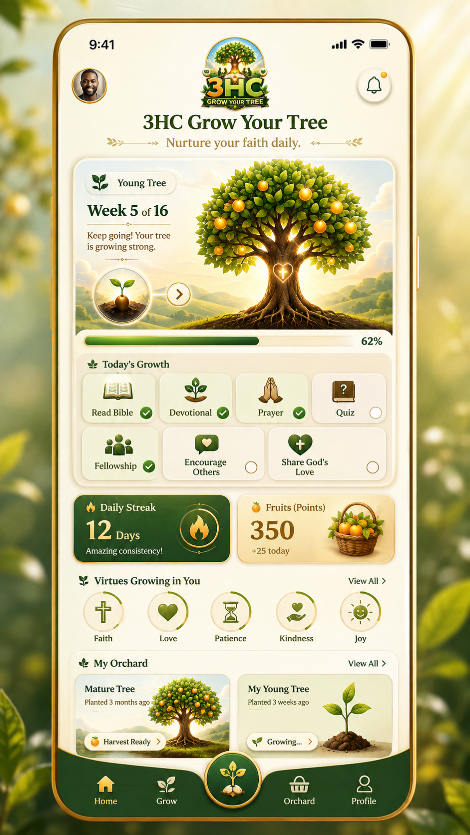 3HC Grow Your Tree home screen concept showing daily growth tasks, fruit points, virtues and orchard progress