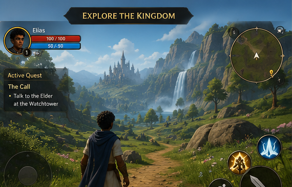 3HC's Salvation Journey gameplay concept showing Elias exploring the kingdom